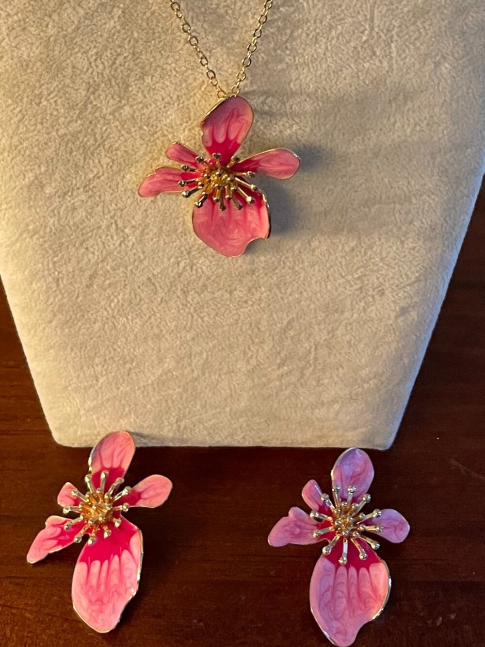 Pink Enamel Flower Jewelry Set